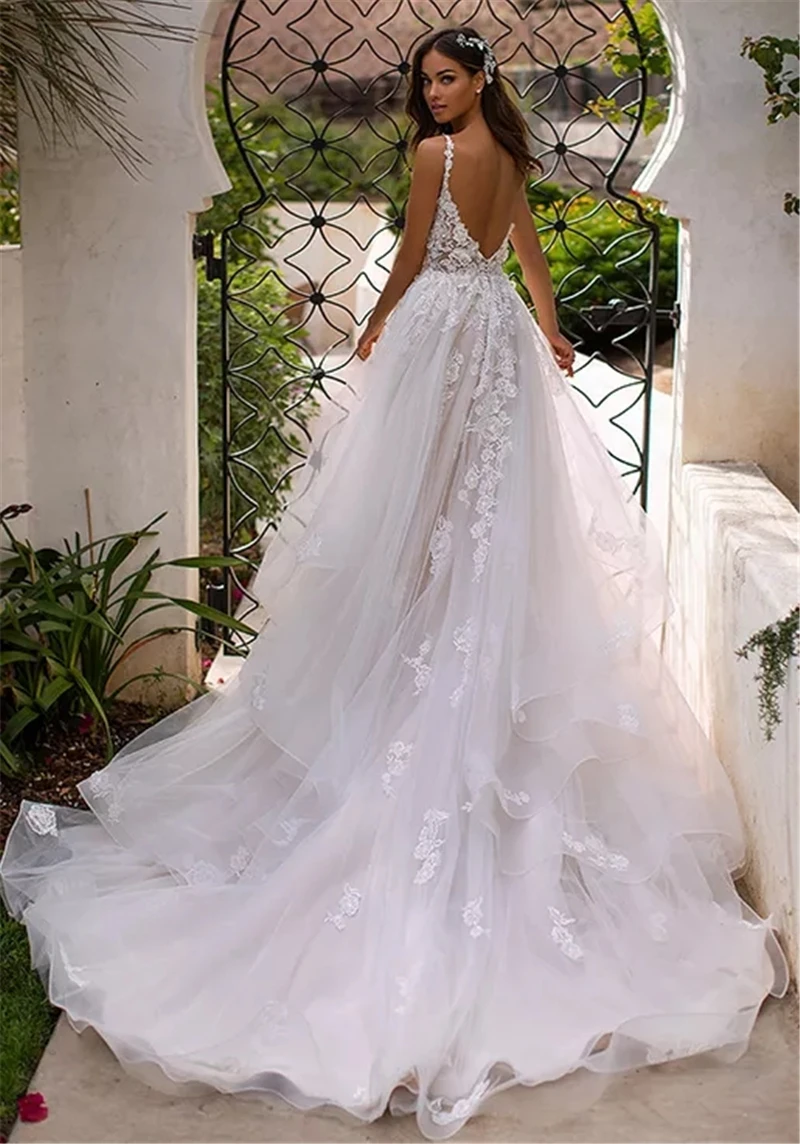 Vestidos noiva белое пляжное свадебное платье из органзы с открытой спиной, подвенечные Свадебные платья с кружевной аппликацией, ТРАПЕЦИЕВИДНОЕ свадебное платье es