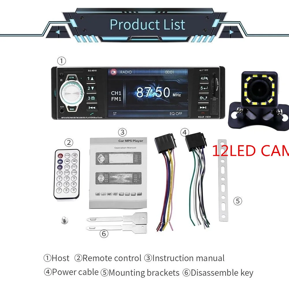MP 5 автомобильный стерео радио MP3 MP4 плеер 4,1 ''HD TFT 12V Аудио Видео FM/USB/SD/Поддержка Bluetooth Hands Free дистанционное управление - Цвет: with 12 led  cam