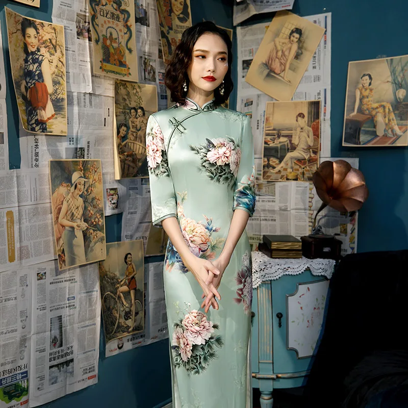 Модное Длинное платье Cheongsam в китайском стиле с воротником-стойкой, женское летнее платье из вискозы, тонкое платье для вечеринок Vestido S-4XL - Цвет: green