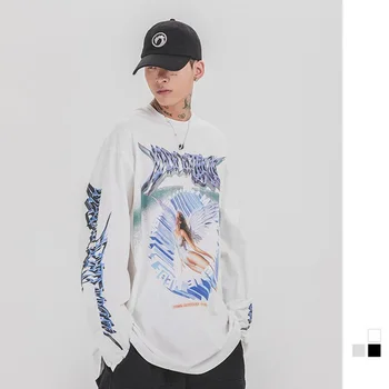 

New Men Angel Print T-Shirts Hop Hip Cotton Round Collar Long Sleeve Tops Tees Fashion Streetwear Sports Boy T Shirts
