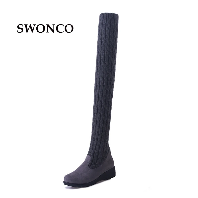 SWONCO/женские высокие сапоги; коллекция года; сезон осень-зима; вязанная шерстяная женская обувь; высокие сапоги до бедра для женщин; высокие сапоги; женские ботинки на танкетке