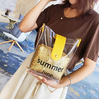 

2020 Women Summer Fashion Transparent Bucket Bag Ladies Letter Print Chains Shoulder Bags Crossbody Hasp Soft Chains Handbags