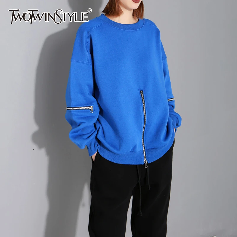 TWOTWINSTYLE sudaderas con cremalleras de retazos para mujer linterna de cuello redondo de manga larga de Otoño de felpa sudadera ropa de mujer 2019 nuevo|Sudaderas con capucha y sudaderas| - AliExpress