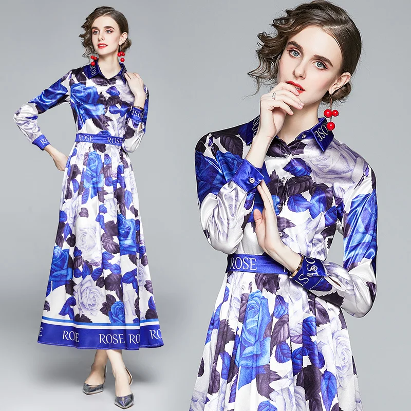 

2020 Autumn Print Party Dress Temperament Slim Long Sleeve Maxi Dresses for Women Clothing
