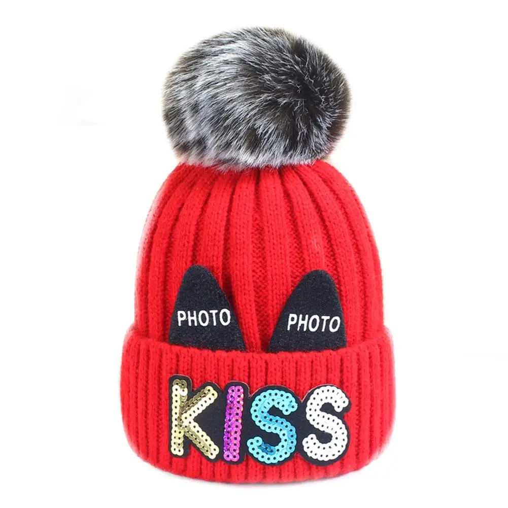 

Kids Girls Fleece Lined Beanie Cap Pompom Cat Ears Sequins Letter Knitted Hat