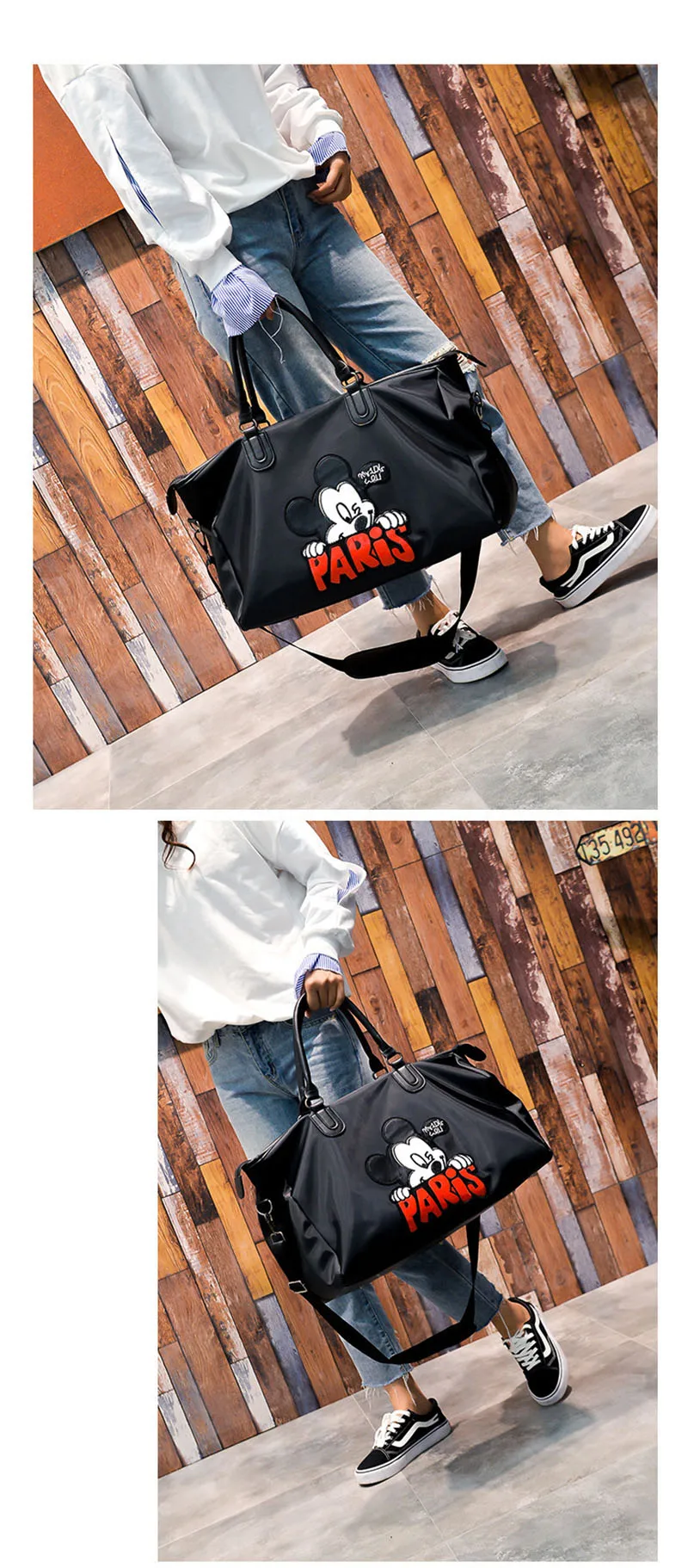 Модная женская черная Дорожная сумка-Органайзер с рисунком из мультфильма, Большая вместительная сумка для переноски багажа