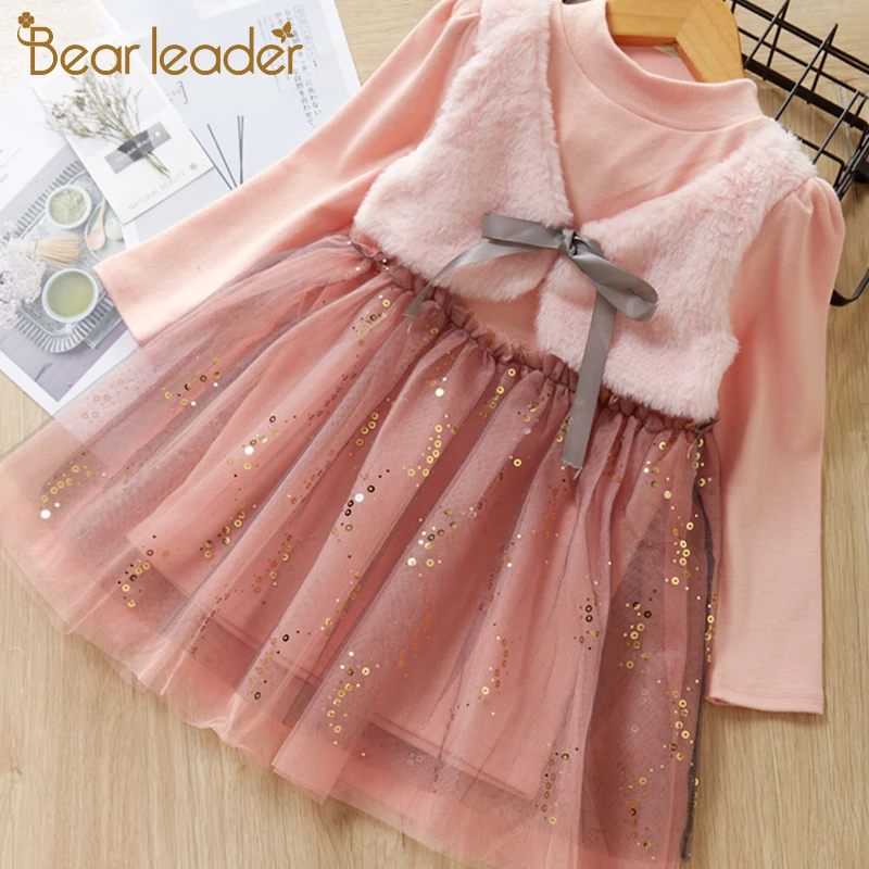 Bear leader/платье для девочек Новинка года; сезон осень; Повседневный стиль; цвет розовый; длинный рукав; шерсть платье принцессы с бантом одежда для девочек