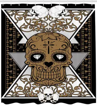 

Tattoo Shower Curtain Skull with Diamond Eyes and Floral Theme Vine Art Tattoo Renaissance Inspired Cloth Fabric Bathroom Decor