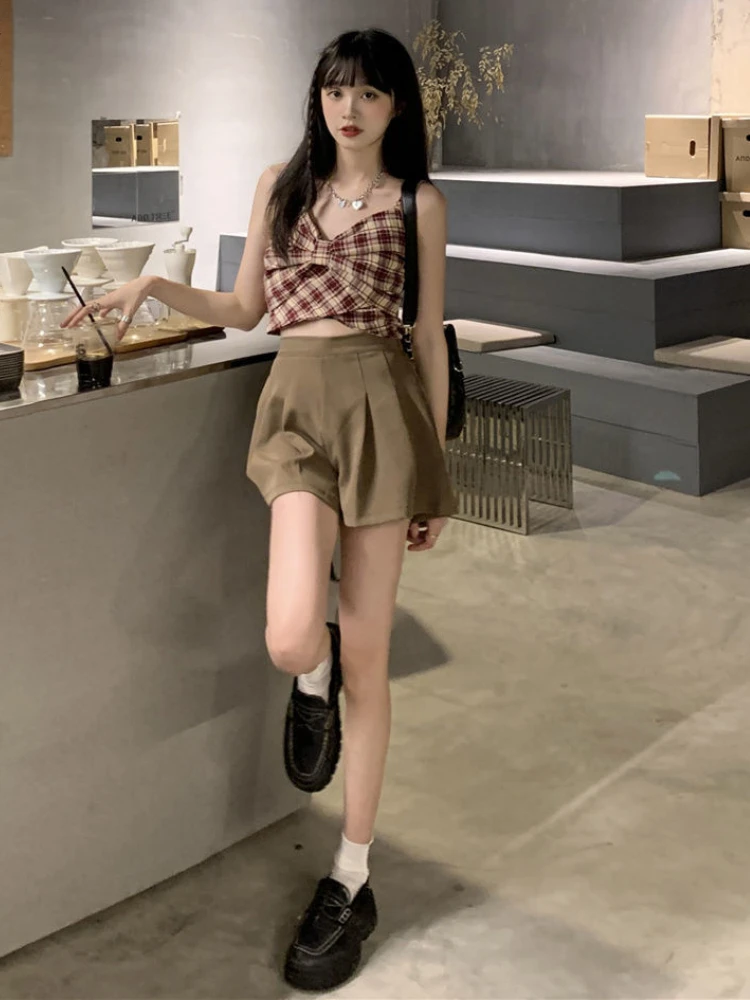 lounge wear Shorts Sets Women Sexy Fashion Camis Plaid Bow Wide Leg Coffee High Waist Comfort Street Harajuku Leisure Korean Style Summer plus size sweat suits