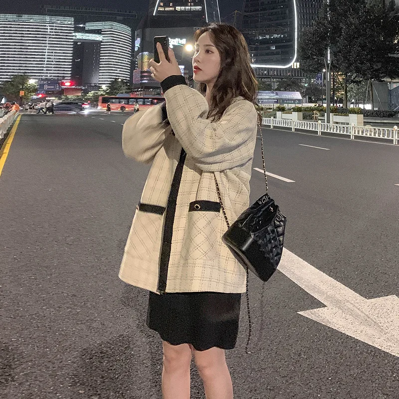 

Short-height Contrast Color Tweed Plaid Graceful Short Coat Women's 2019 New Style Spring And Autumn Korean-style Elegant Tops
