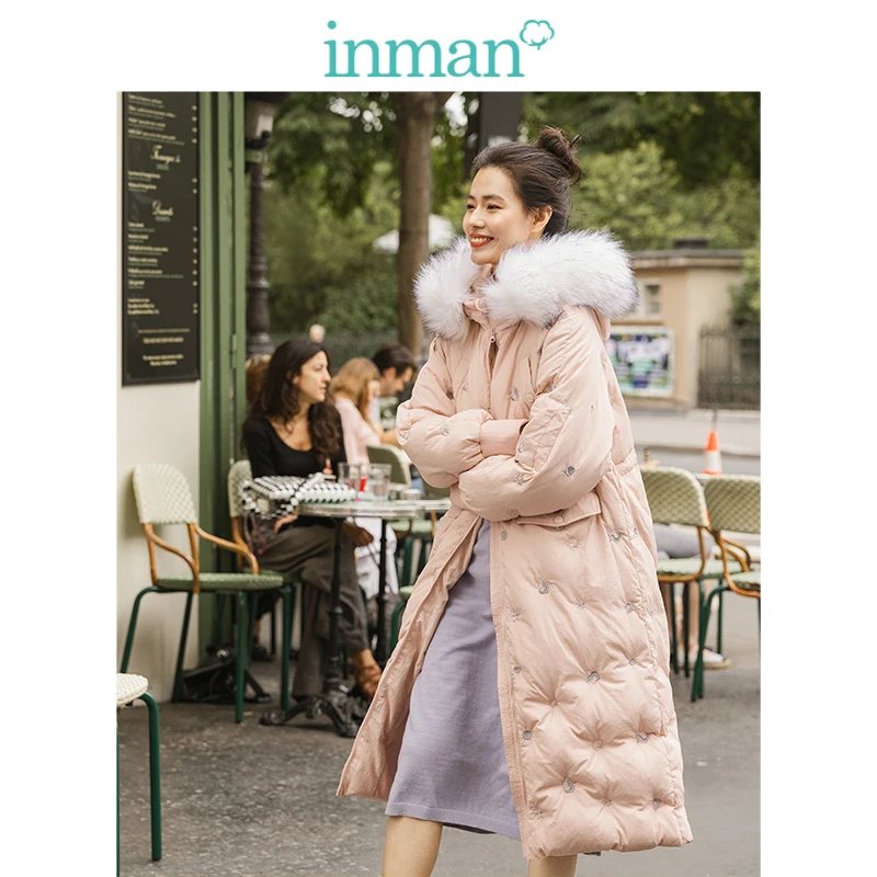 

INMAN 2019 Autumn Winter New Arrival Fashion Hooded Print Medium Long Women Down Coat