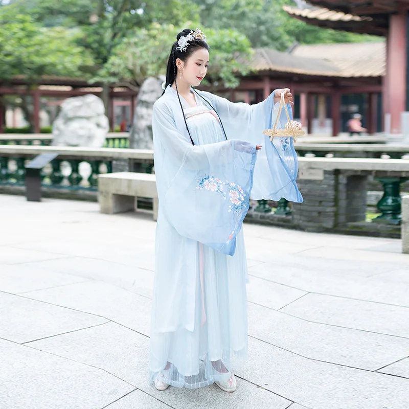 

Spandex Chinese Traditional Hanfu Women Elegant Han Element Skirt Costume Dynastie Tang Clothing Blue Mantle Cover Vintage 2019