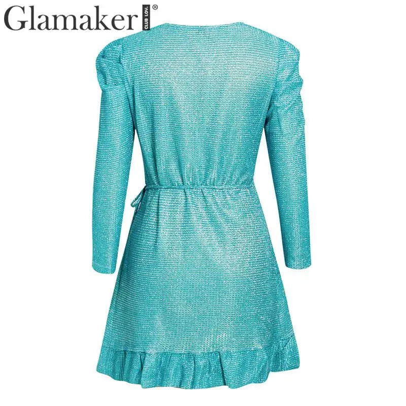 Glamaker, блестящее синее облегающее платье с запахом, элегантное осеннее короткое вечернее платье с оборками, женское платье с v-образным вырезом и пышными рукавами, вечерние платья, Новинка