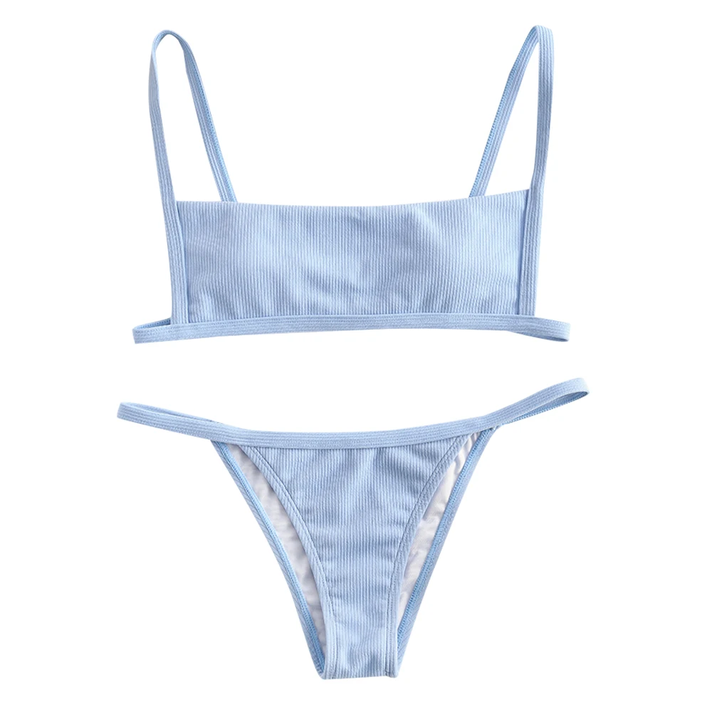 Light Blue ZAFUL, бикини на крючках, ребристые стринги, комплект бикини, без проволоки, низкая талия, купальник, квадратная шея, одежда для плавания, мягкий однотонный купальник - Цвет: Light Blue