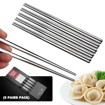 

Hashi Metal Chopsticks Chop Sticks Set Reusable Food Sticks Non-slip Stainless Steel Chinese 5 Pairs/set Baguette 23cm Sushi