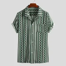 Полосатая Мужская рубашка коричневого цвета в полоску летние пляжные с короткими рукавами свободные пуговицы повседневные мужские рубашки блузки мужские рубашки уличная одежда