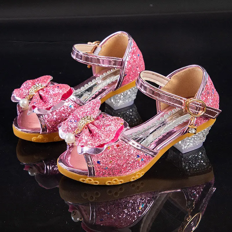 Sandalias de tacón alto para niñas pequeñas, zapatos de princesa con lazo de cristal, para fiesta, vestido de boda, novedad de verano 2021