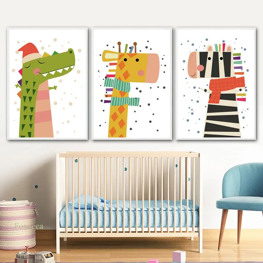 Красочный жираф зебра Крокодил Картина на холсте скандинавский мультфильм