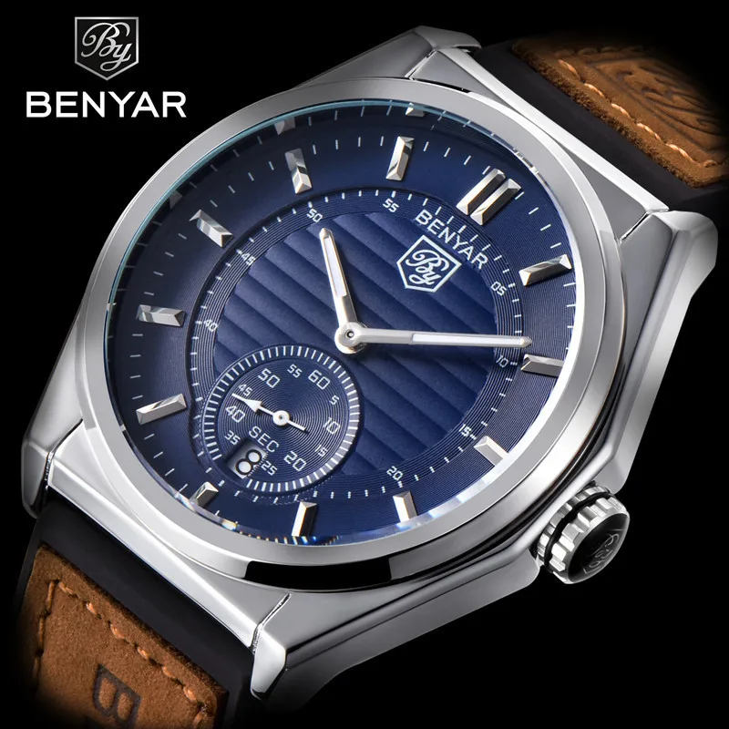 Online Reloj de cuarzo de moda BENYAR para hombre, de lujo, de acero inoxidable, resistente al agua, reloj de cuero para regalo, reloj Masculino