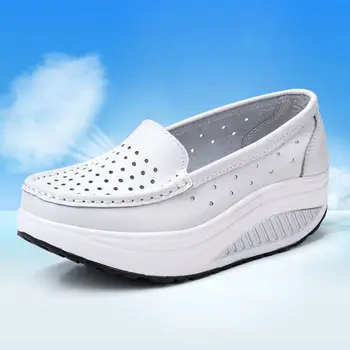 

2019 Pumps Woman Shoe Summer genuine leather cutout breathable swing shoes white nurse shoes wedges heighten mother shoes