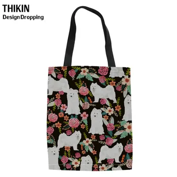 

THIKIN Women Samoyed Floral Printing Canvas Tote Capacity Shopping Bag Ladies Foldable Shopper Bags for Females Recycle Eco Bags