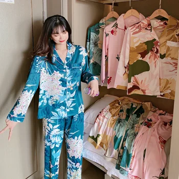 

XIZOU Cute Leaves Print Women Pajamas Sets Spring Autumn Winter Long Sleeve Sleepwear Cotton Pyjamas O-neck Home Clothes 2 Pcs
