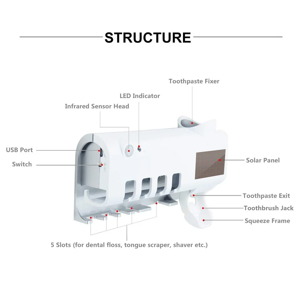 

Solar Power UV Disinfection Toothbrush Holder Wall Mount Automatic Toothpaste Dispenser QRD88