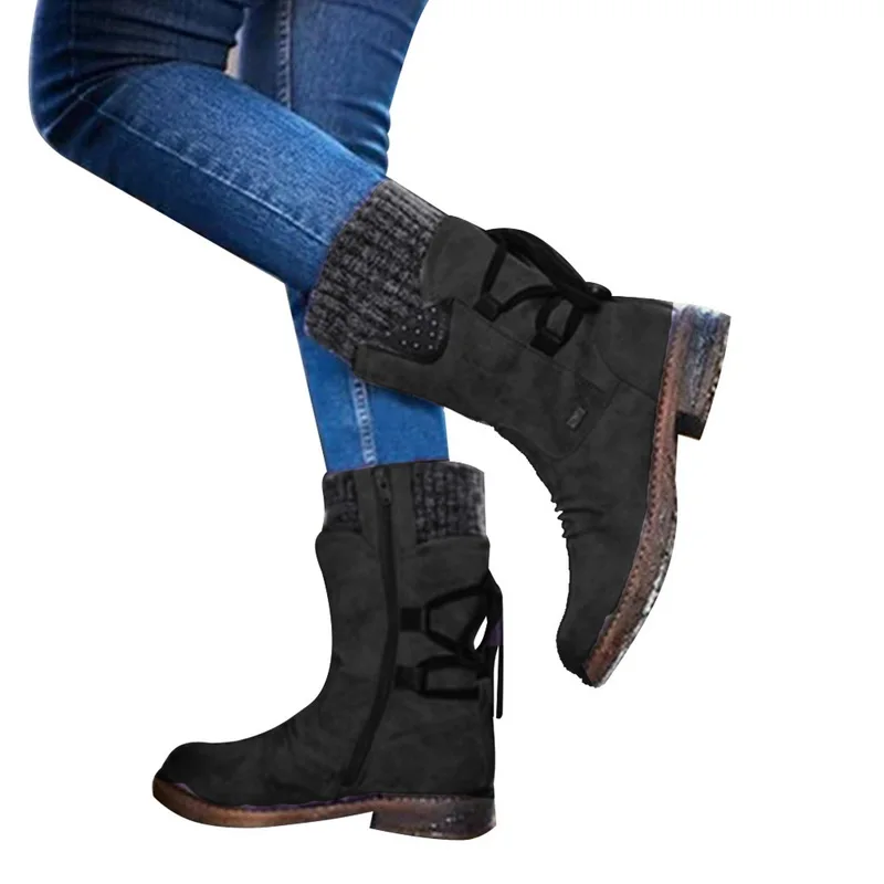 Г.,, новая осенне-зимняя обувь женские ботинки на плоской подошве модные вязаные женские ботинки в стиле пэчворк короткие ботинки - Цвет: black