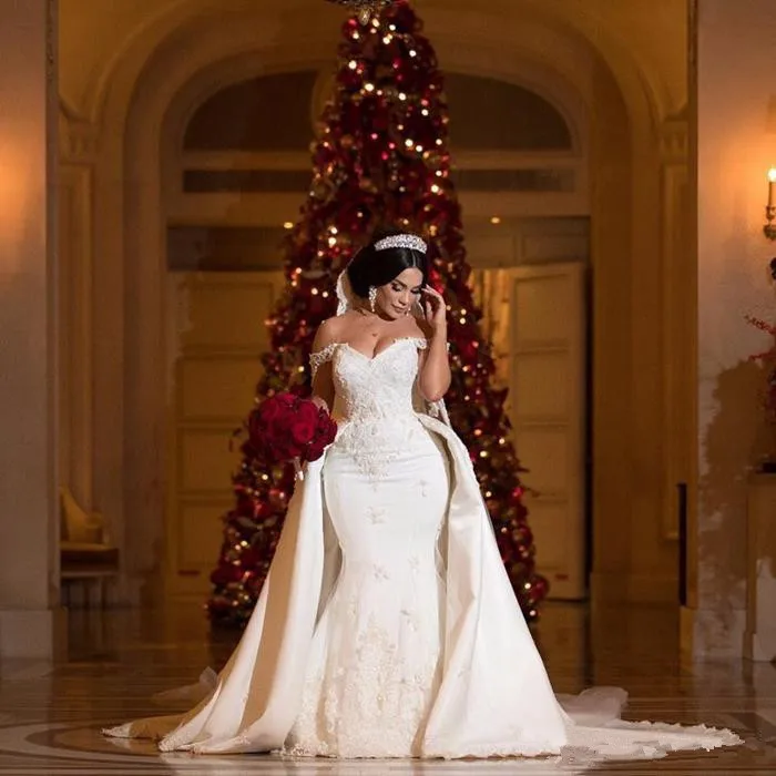 Vestidos De Novia с открытыми плечами Кружевные Аппликации атласные Mermaide платья невесты со съемным хвостом свадебные вечерние платья