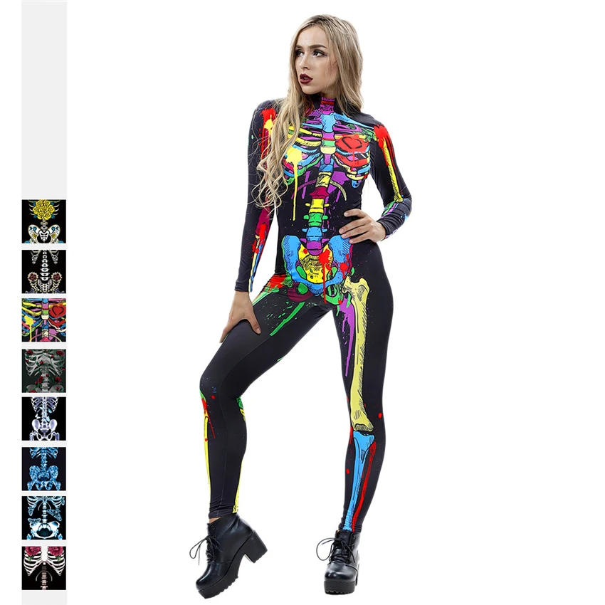 Scary Ghost Skeleton Print Long Sleeve Skull Bodysuit Cosplay Costume ...
