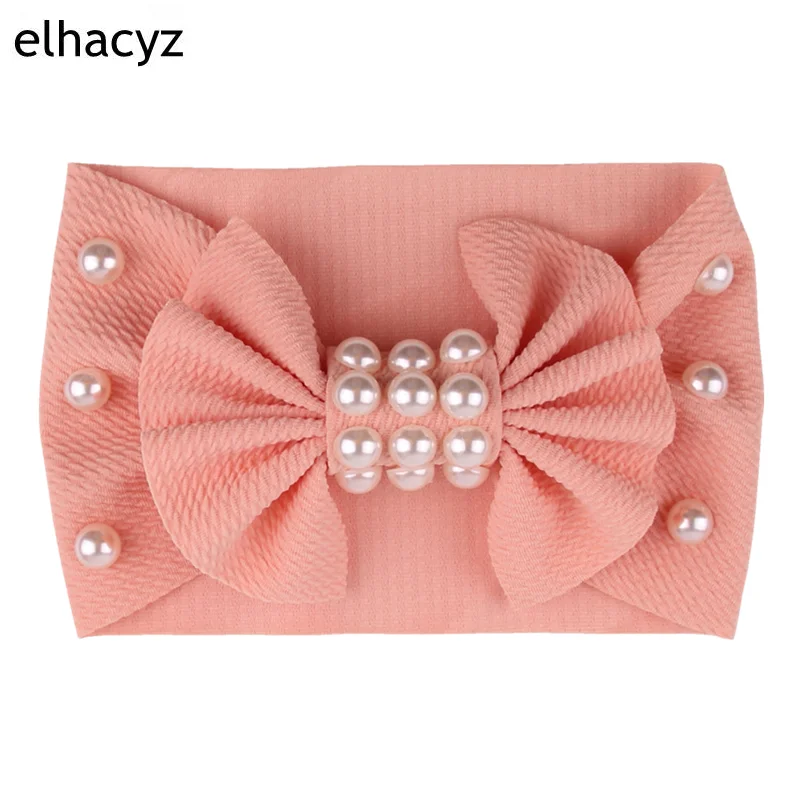 2022 Trendy Baby Big Bow Headband Pearl Flower Turban Girls Fabric