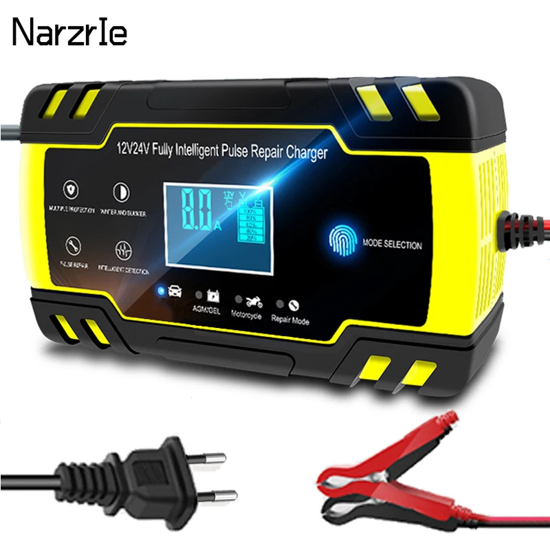 Portable 12V 24V Car Battery Charger Touch Screen Pulse Repair LCD Fast Power Charging Wet Dry Lead Acid Digital LCD Display New
