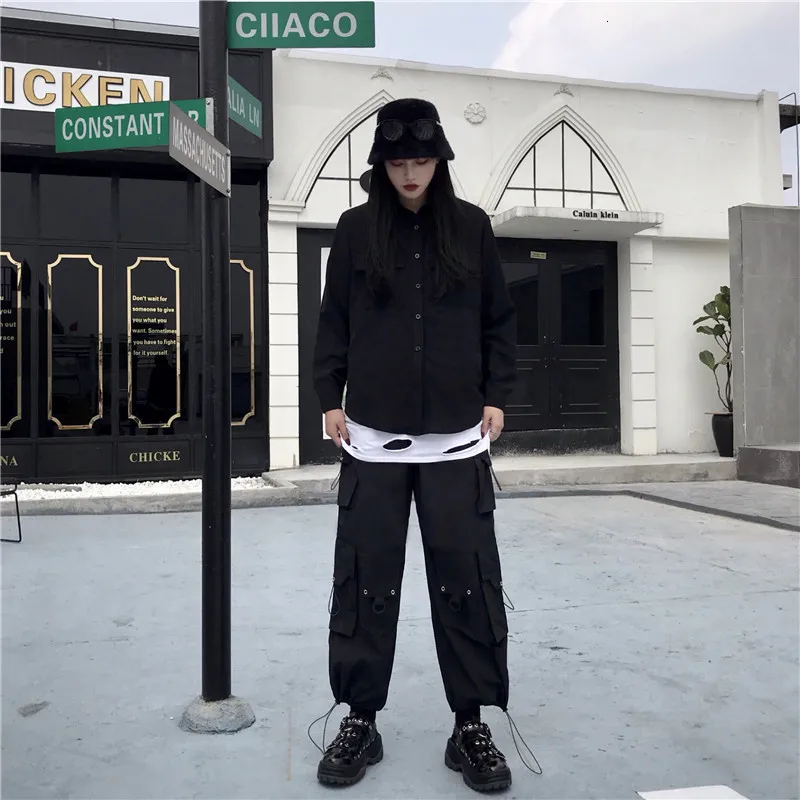 SHENGPALAE Ins/черные комбинезоны в стиле High Street, свободные повседневные штаны, весна, продукт, широкие штаны с карманами и высокой талией 5D291