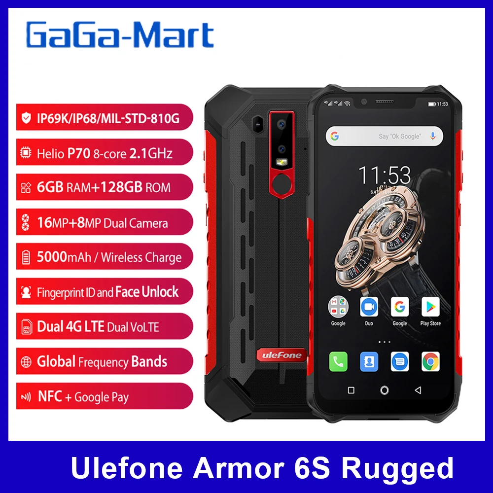 Смартфон Ulefone Armor 6S защищенный 6 2 дюйма + 128 ГБ Android 9 0 Helio P70 восемь ядер 5000 мА · ч NFC