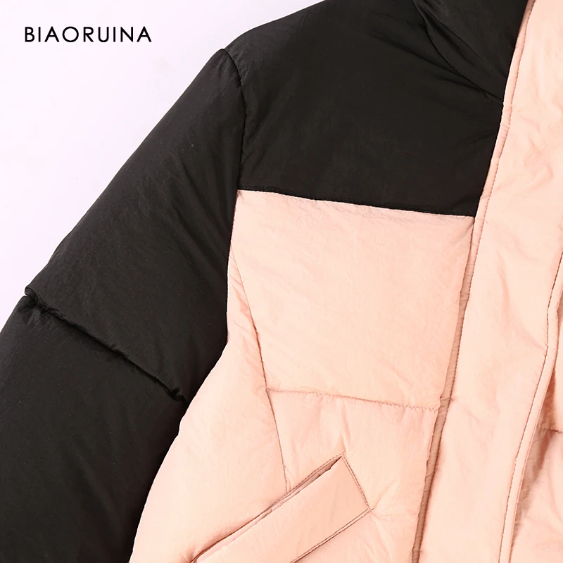BIAORUINA Women's Pink&Black Thick Keep Warm Short Parkas Stand Collar Female Casual Winter Jacket Fashion Outerwear