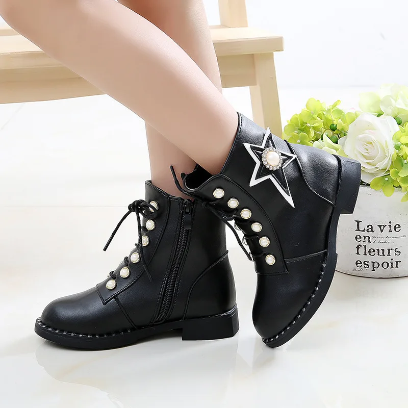 Г. Удобные детские ботинки для девочек модная удобная зимняя обувь для принцесс с бусинами, обувь для детей размер 27-37 - Цвет: 3399 Black