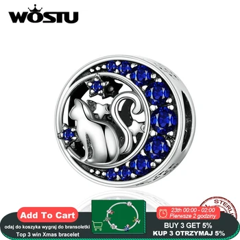 

WOSTU Moon & Star Cute Cat Beads 925 Sterling Silver Blue Enamel Charm Fit Original DIY Bracelet Pendant Jewelry Making CQC1204