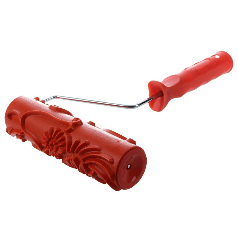 Decorative paint roller with plastic handle, 17.8 cm, embossed flower design, color red