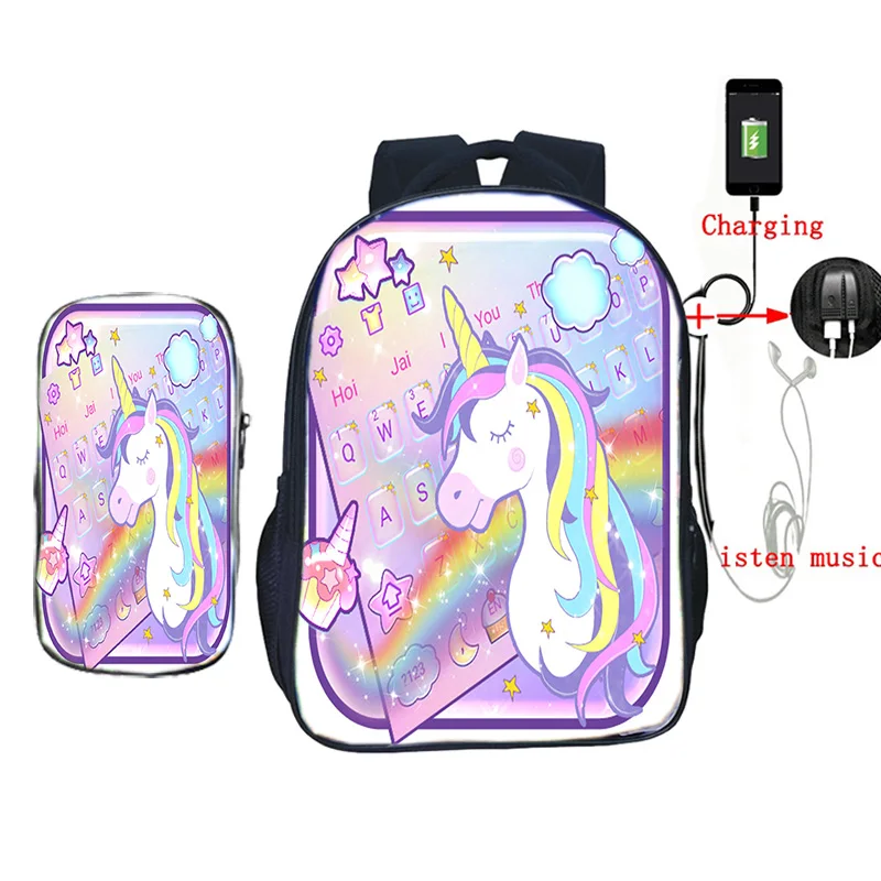 2 шт./компл. Kawaii Единорог школьная сумка USB зарядка мочилы для подростков мальчиков девочек ежедневный рюкзак дорожные сумки