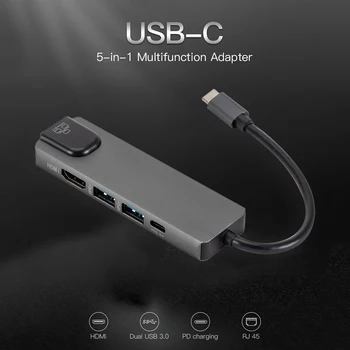 

5 in 1 USB Type C HUB Converter 4K HDMI USB C 2 Multi USB 3.0 RJ45 LAN Adapter for MacBook USB Hub Laptop Docking Station Hot