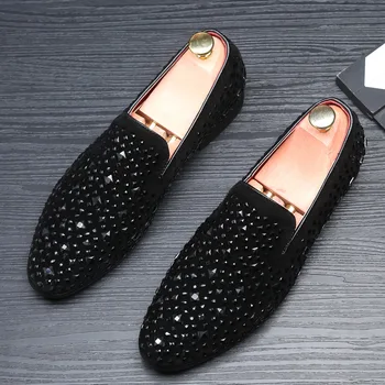 

Fashion Black Rhinestone Men's Dress Loafers 2020 Luxury Italian Style Leather Men Formal Shoes Nightclub Wedding Dress Loafers