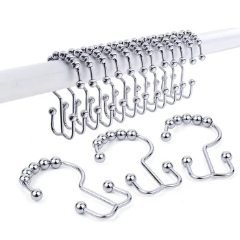

12pcs/pack Shower Curtain Hooks Stainless Steel Shower Curtain Rings Metal Double Glide Rust-Resistant Shower Hooks for Bathroom