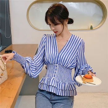 

Korean Women Long Lantern Sleeve Peplum Tops Female Vintage Striped Shirts Woman Long Sleeve Blue Striped Tops