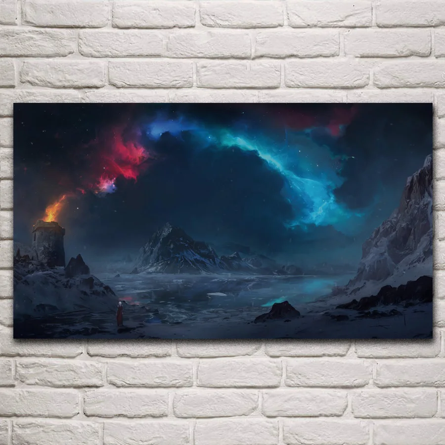 Тканевые постеры на стену с красивым пейзажем Туманностью горами звездами