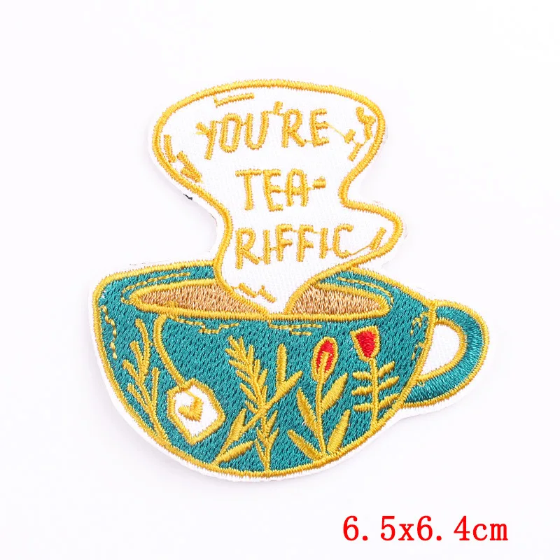 Coffee Cup Embroidery Patches Iron on Cafe Badges for DIY Tshirt Coffee Slogan Appliques Thermo Adhesive Stickers Customizable Pins & Pincushions Fabric & Sewing Supplies