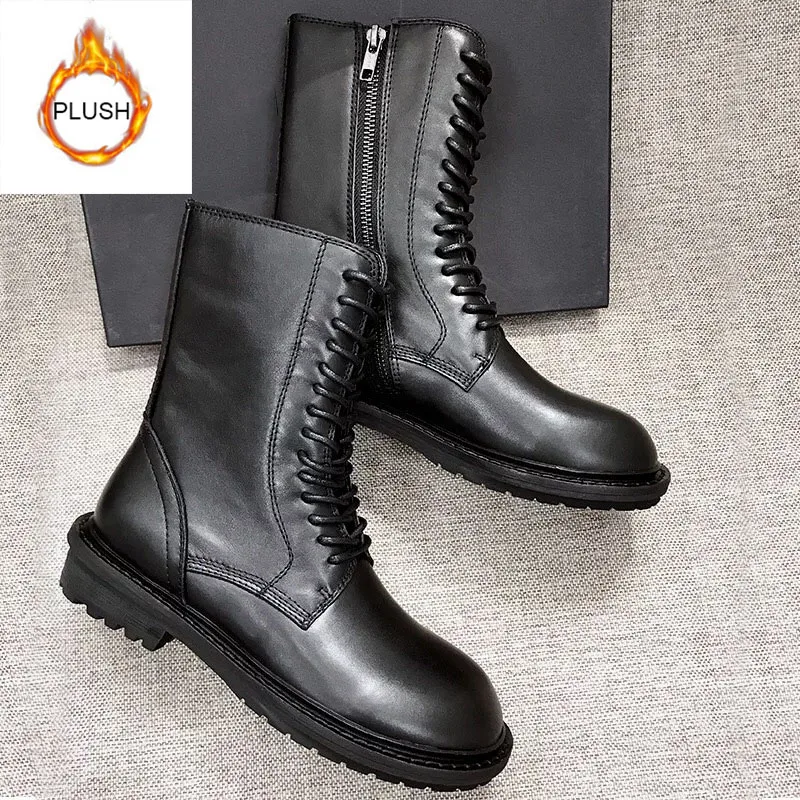 Rimocy Spring Womens Cow Leather Ankle Boots Dark Style Streetwear High Top Platform Block Heel Biker Boots Ladies Shoes - Цвет: plush black