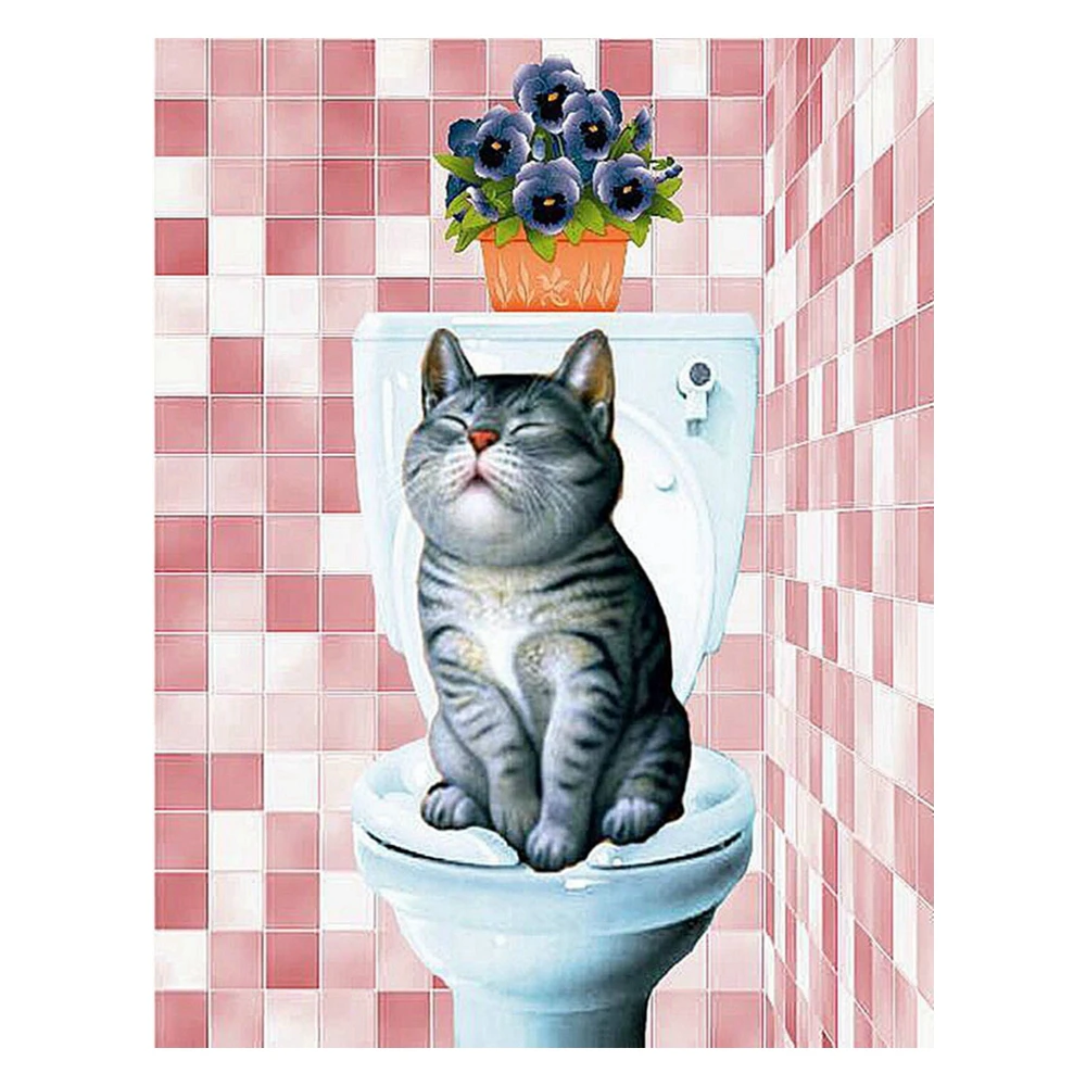 Peinture Diamant Diamant Avec Chat Assis Dans Les Toilettes Bricolage 5d Point De Croix Dessin Anime Chat Travaux D Aiguille Decoration De Maison Aliexpress