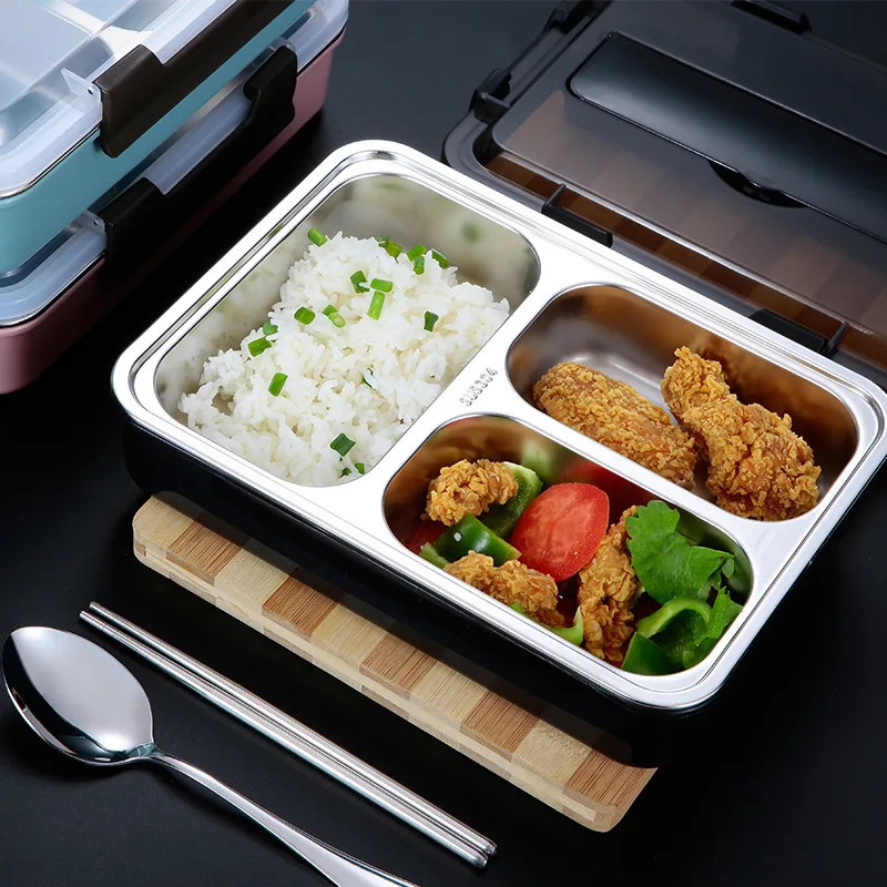 

304 Stainless Steel Container Freshness Insulation Box Lunch Box Three Grid Deepened Seperated Lunch Box 1200 Ml Tableware