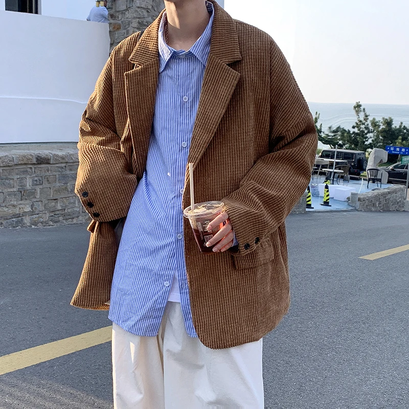 Autumn Men Corduroy Blazers Vintage Loose Single Breasted Coats