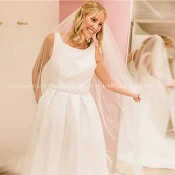 

Cheapest Boho A-line Jewel Wedding Dress Backless Cathedral Train Satin Bridal Dress Diamonds Belt Country Wedding Bride Dresses